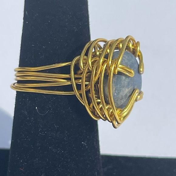 BLUE AVENTURINE QUARTZ ADJUSTABLE WIREWRAPPED CHUNKY GEMSTONE RING - Picture 6 of 16